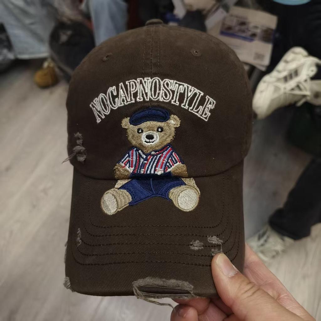 2026 Hat Baseball Cap Washed Retro Versatile New Embroidered Bear Denim Men and Women Peaked Caps