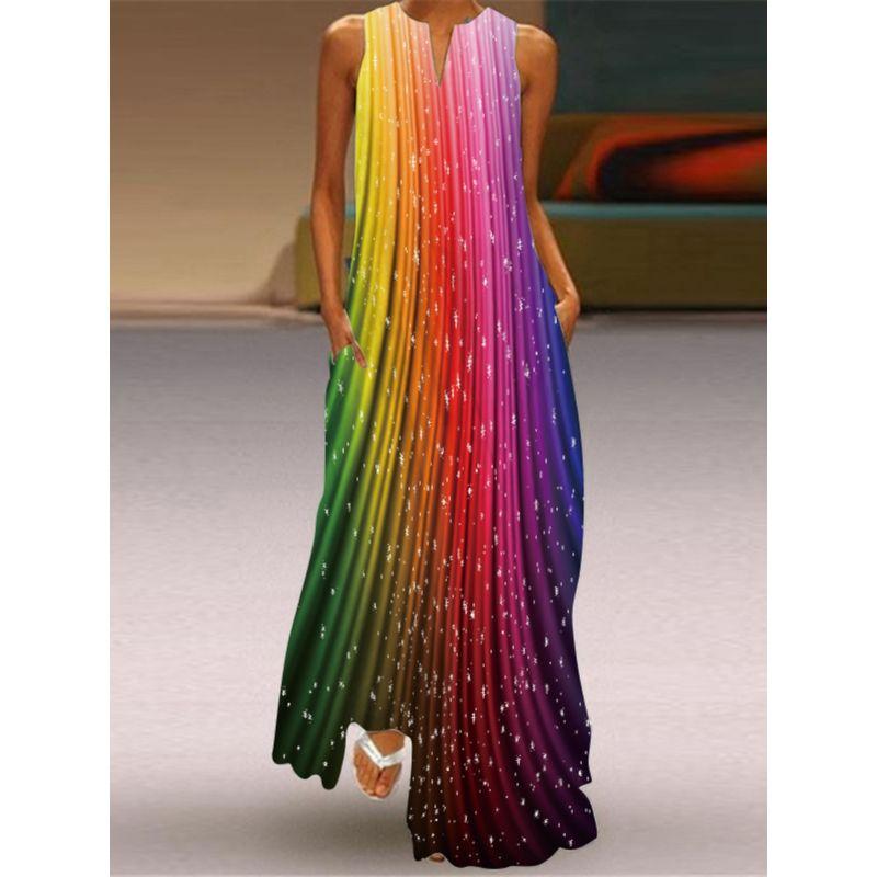 2025 New Summer Women's Clothes Sleeveless Maxi Dress V-neck Print Emerald Flower Dress Fashion 3D Cross-Border Beach Dress