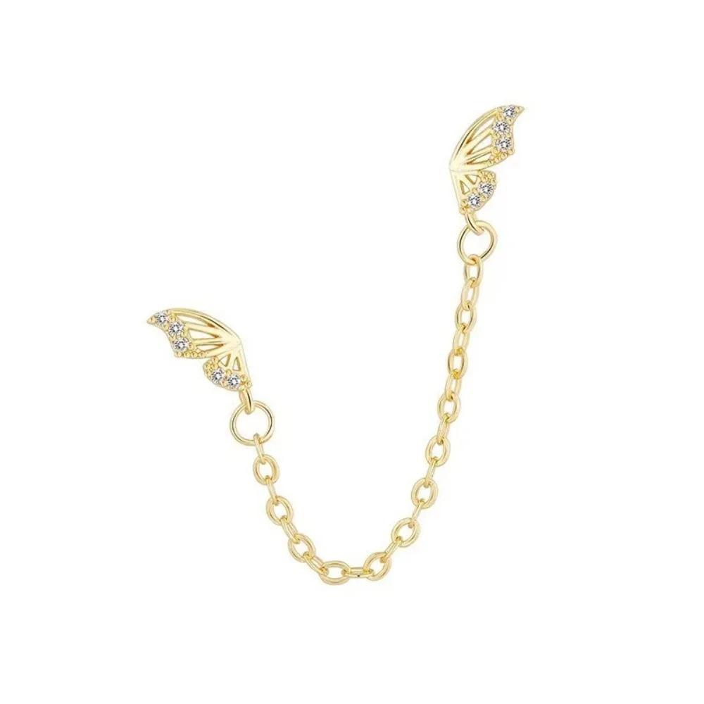 Exquisite Sweet Hollowed-out Butterfly Tassel Chain Double-ear Piercing Stud Earrings for Women Korea Designer Jewelry Accessory