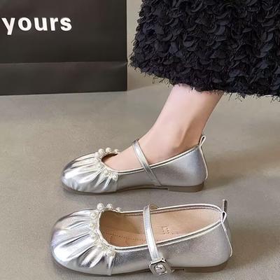 Retro Mary Jane Women's Shoes Autumn New with Skirt Gentle Evening Shoes Flat Silver Single Shoes