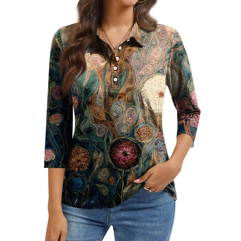 Women's Fashion Casual Lapel Short 3/4 Sleeve Print Shirt Women's Button Up Tops