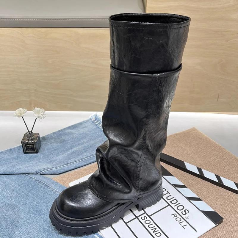 Platform Women Chunky High Boots Leather Fad Knee High Mid Heels Shoes 2025 Trend Designer Goth Winter Motorcycle Botas De Mujer