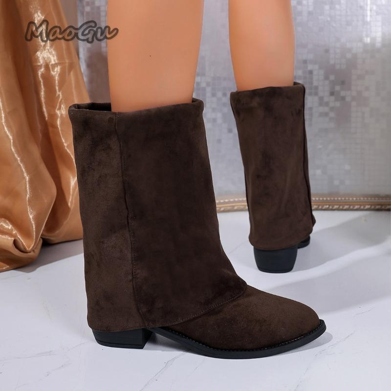 Suede Pointed Toe Mid Heeled Leg Boots for Women Autumn  Retro Thick Heeled Sleeve Boots Black Mid-Calf Botas Mujer Size 36