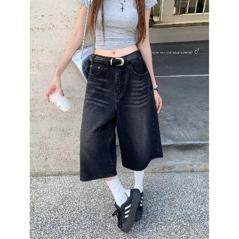 

Sexy American Retro Cropped Pants Black Denim Women s Autumn Loose All-Matching Straight Pants Middle Pants Slim Looking Pants Black Capri pants XL