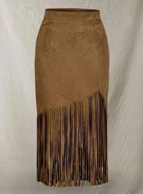 Women's Skirt Brown Suede Handmade Genuine Lambskin Leather Fringe Stylish Soft