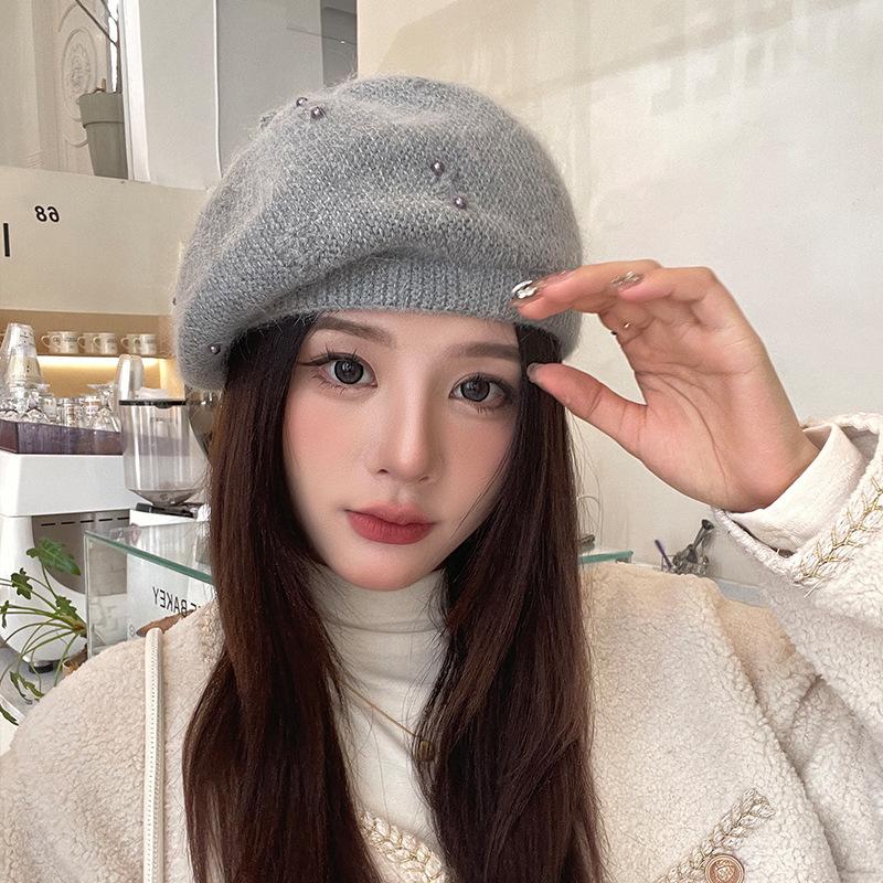 Winter Warm Cap Thermal Hat Women Beret Elastic Knit Solid Color Soft Thick Windproof Decorative
