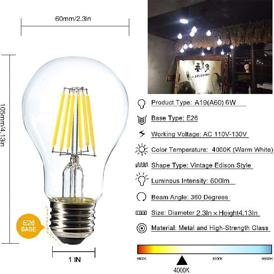 Dimmable 6W Vintage LED Edison Bulb 4000K Daylight White A19 /A60 LED Light Bulbs 600LM Led Filament Bulb 60W Equivalent E26 Medium Base Clear Glass