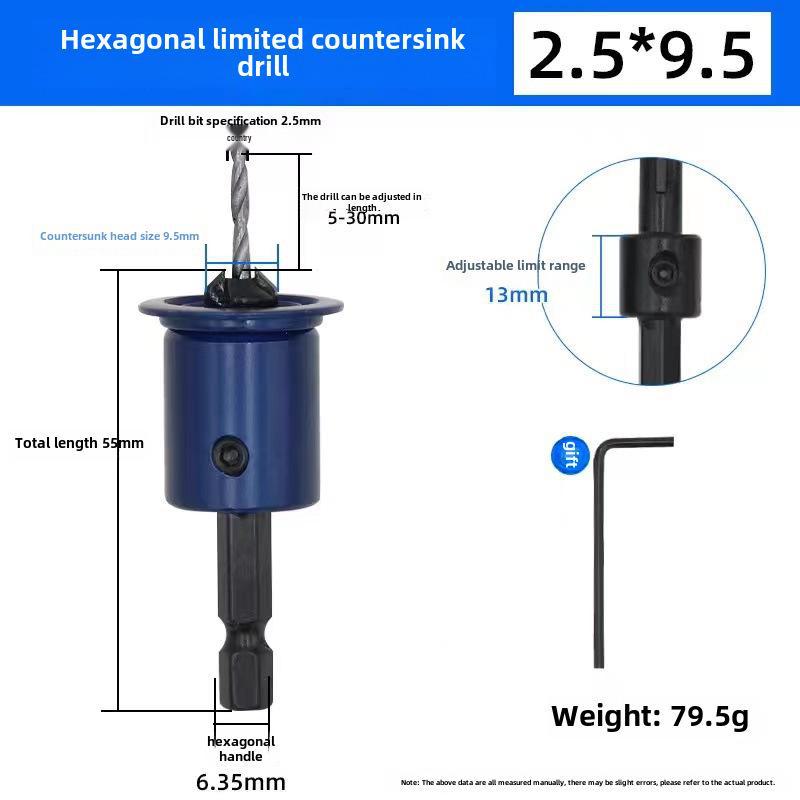 Hexagonal Handle Blue Limited Countersink Drill Bit for Woodworking and Screw Installation.
