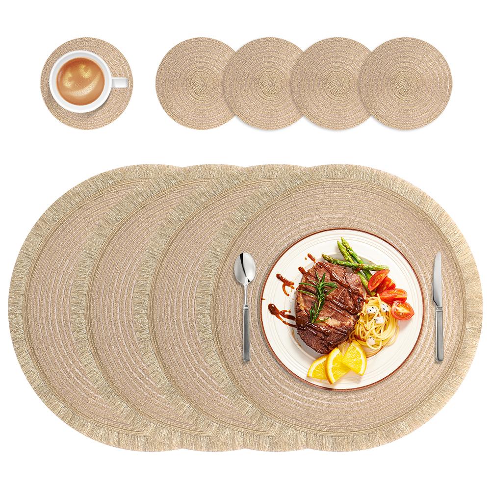Set of 4/8 PET Woven Round Placemat Tassel Bohemian Table Placemats Heat-resistant Non-slip Table Mats for Home Wedding Kitchen