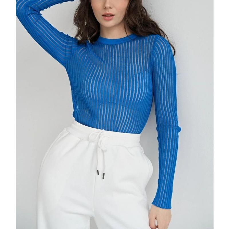 Women's Skeleton Knit Spring Autumn Sexy Slim Round Neck Long Sleeve Thin Pit Stripe Knit Sweater