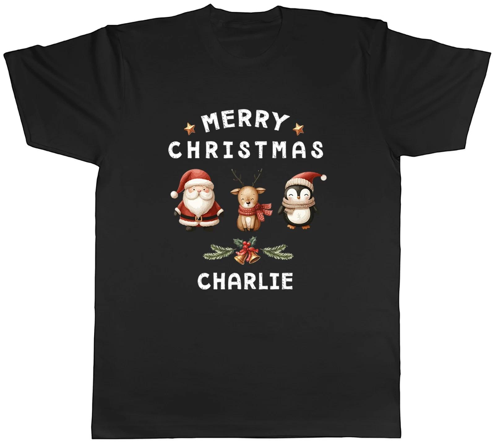 Personalised Merry Christmas Penguin Santa Deer Mens T-Shirt Tee Gift Top XS