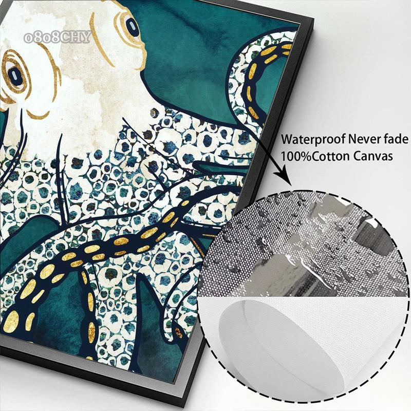 Abstract Octopus Art Canvas Painting Metallic Octopus Posters and Perints Marine Animal Wall Art Pictures for Living Room Decor