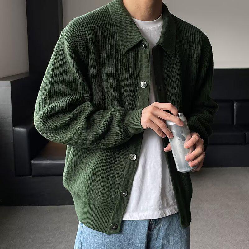 Cardigan polo en maille épaisse pour homme - Pull décontracté ample à revers Automne/Hiver
