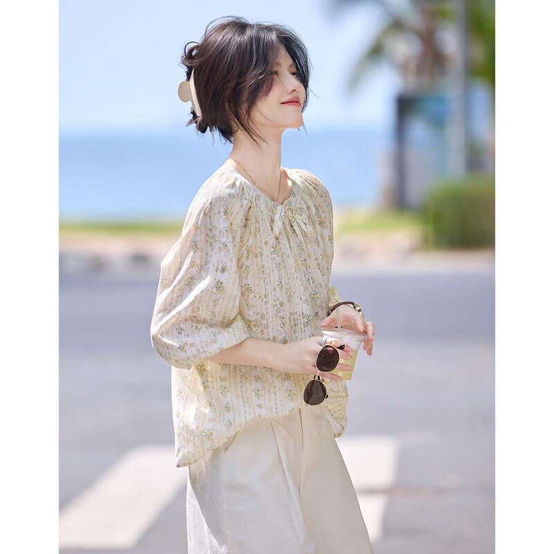 Women s Textured Print Raglan Sleeve French Retro Shirt M