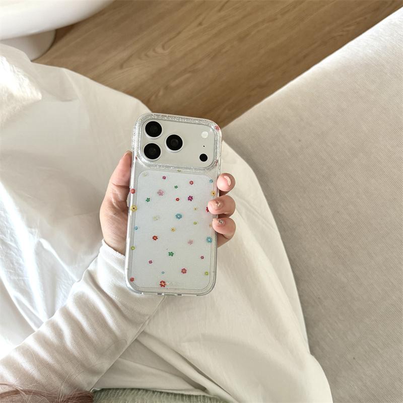 Kawaii Colorful Tiny Floral Glitter Clear Phone Case For iPhone 14 15 16 17 Pro Max INS Cute Large Window Shockproof Cover