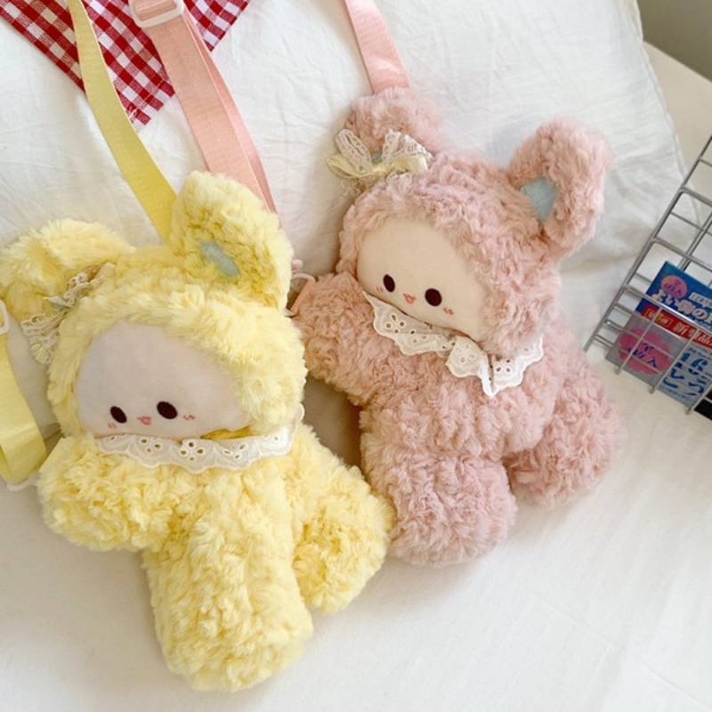 Plush Bunny Eared Sheep Shoulder Bag With Zipper Pocket For Daily Use