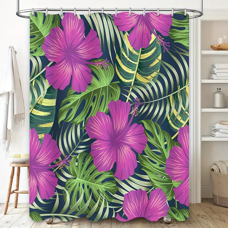 Modern Style Floral Print Shower Curtain for Bathroom Decor – Pink Hibiscus Green Leaves Pattern In Blue Watercolor Effect 72 X