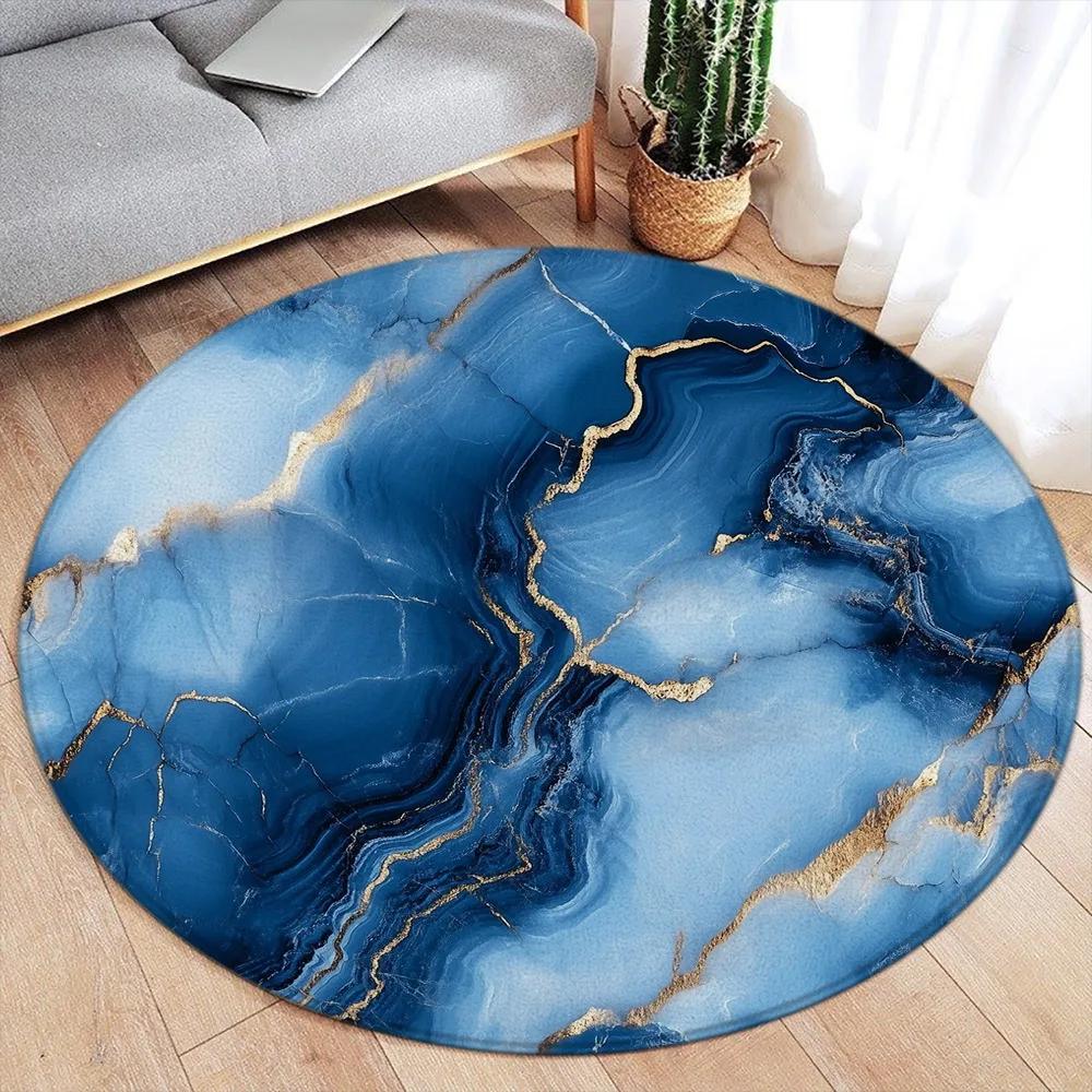 Abstract Marble Round Area Rug – Green Ink & Gold Line Design – Modern Luxury Carpet for Living Room or Bedroom, Soft Floor Mat