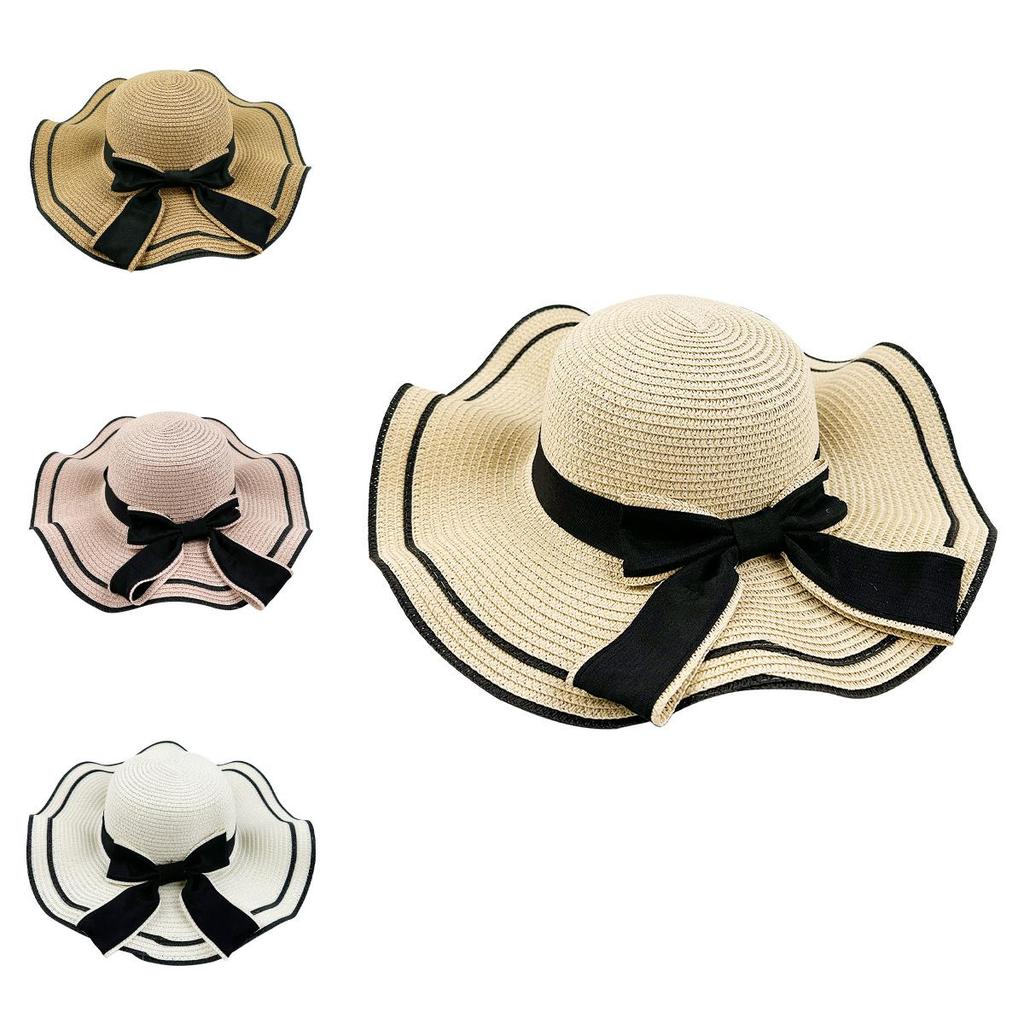 Bow-embellished Straw Sun Hat With Wide Brim For Women's Outdoor Activities And Travel