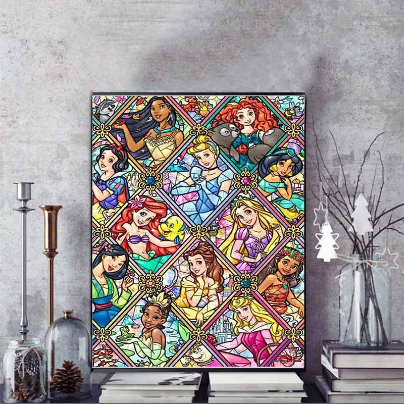 Disney Cartoon Diamond Painting Disney Princess Group Portrait Stained Window Illustration 5D DIY Art Cross Stitch Kit, Mosaic EmbroideryHomeDecorGift