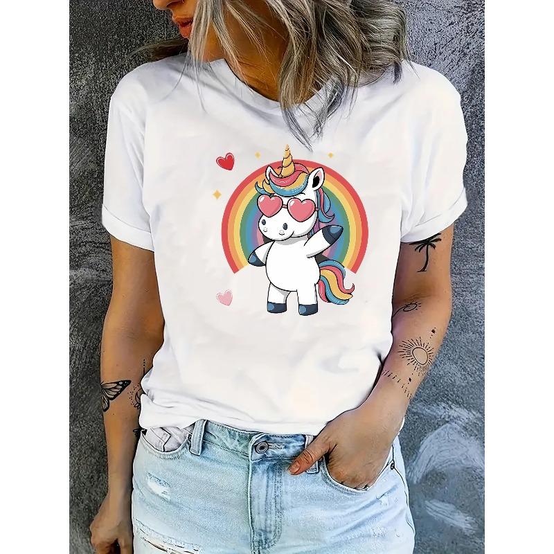 Women's Casual Unicorn Graphic T-Shirt Rainbow Stripes Crew Neck Short Sleeve All Season Comfort Tee
