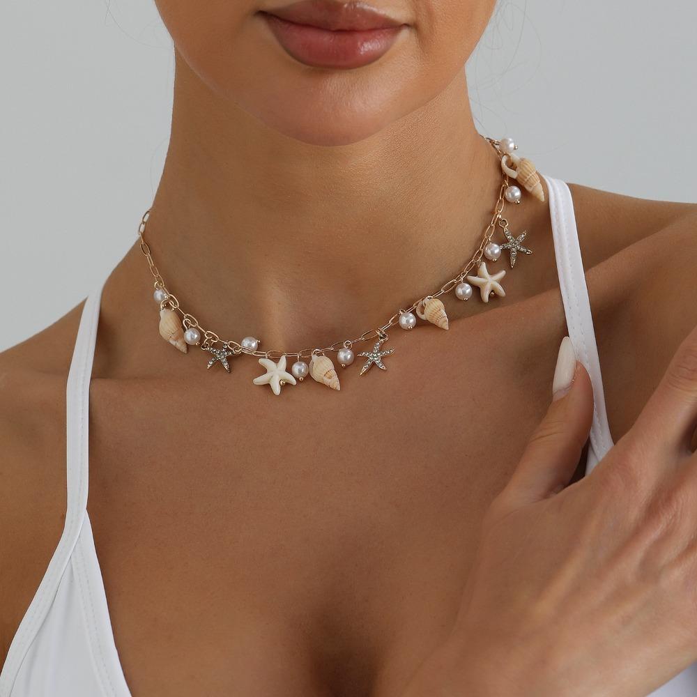 Summer Ocean Elements Starfish Shell Conch Pearl Tassel Choker Necklace for Women Bohemia Casual Beach Vacation Outfit Jewelry