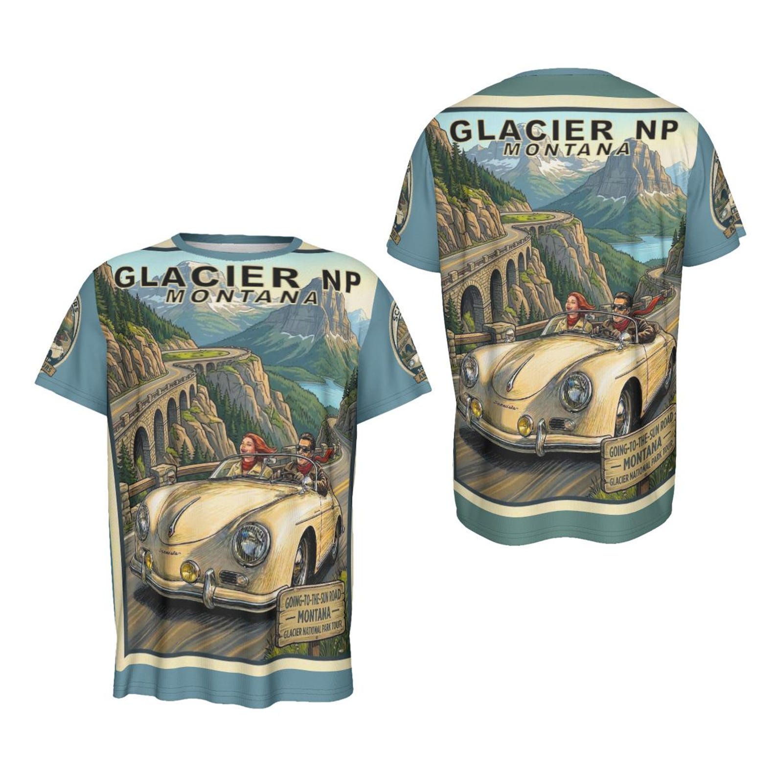 Glacier National Park Porsche 356 Road Trip Shirt - Montana Vintage Travel Tee S