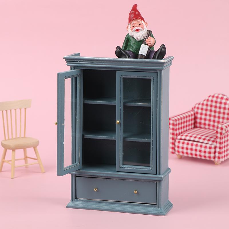 1PC 1:12 Dollhouse Miniature Furniture Haze Blue Double Door Glass Cabinet Cupboard Bookcase Model For Dollhouse Decor DIY Toys