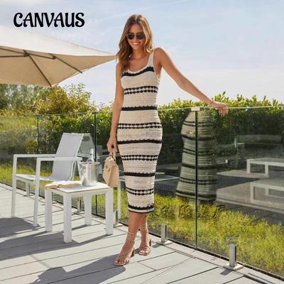 Women's Summer New Beach Solid Color Sexy Knitted Striped U Neck Halters Long Dress