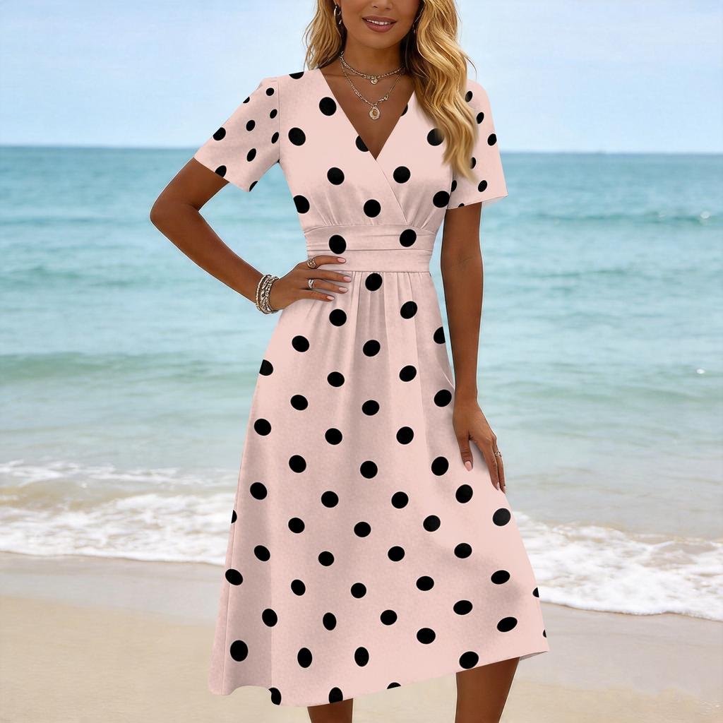 Women's Casual V Neck Short Sleeve Polka Dot Print Dress Midi Length Elastic Waist Summer Dress for Daily Wear