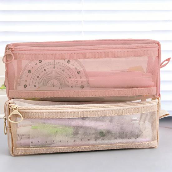Pencil Case Double-Layer Large Capacity Transparent Mesh Students Exams Stationery Organizer Break-resistant Pencil Bag
