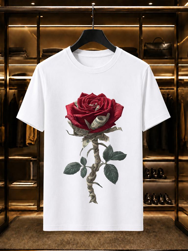 2026 New 100 Cotton Tshirt Realistic Red Rose Wrapped With Dollar Bills Print Luxury Casual Short Sleeve