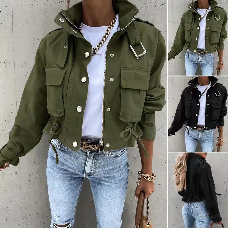Women Jacket Clothing Streetwear Autumn Spring Elegant Slim Round Neck Solid Pocket Button Design Long Sleeve Workwear Coats