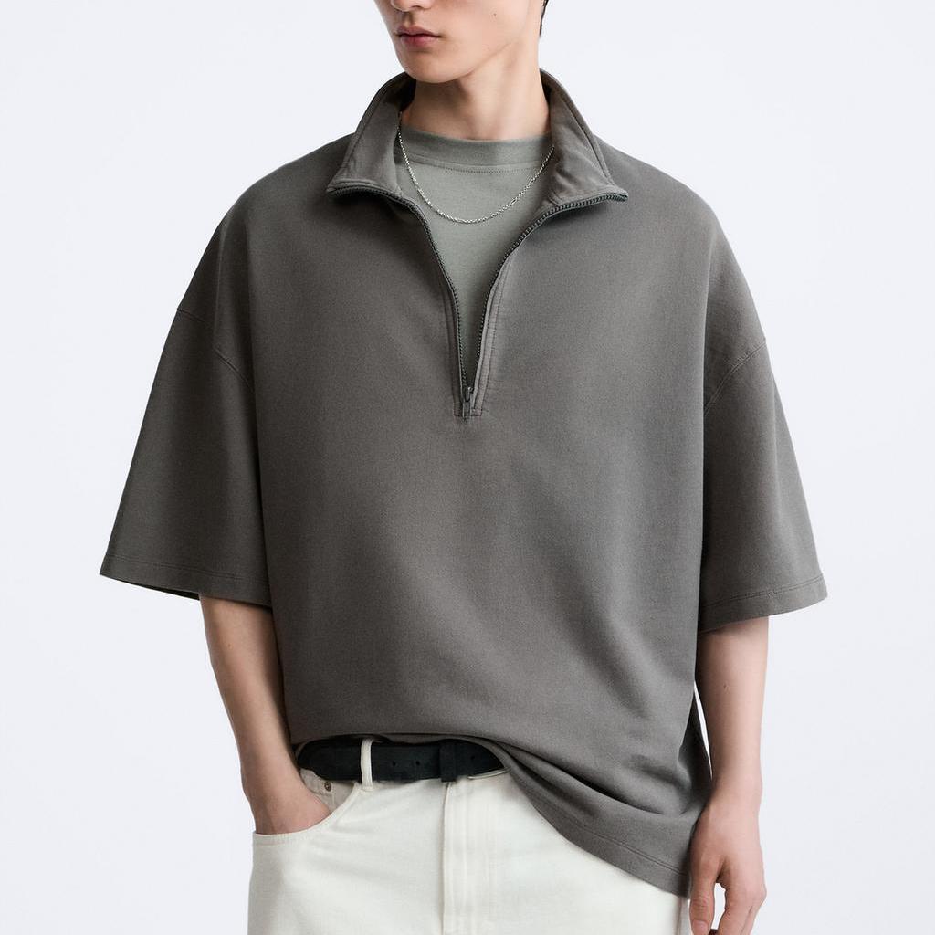 Zara Solid Color Stand Collar Pullover Short Sleeve Sweatshirt Men Sweatshirt Medium-Gray 2795310-809