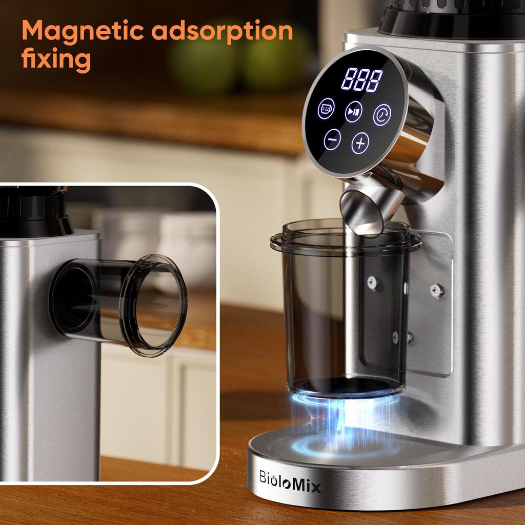 BioloMix CG210 Haushalts-Kaffeemühle Kegelmahlwerk mit Touch-Timer, 48 Mahlgrade für Espresso Pour Over