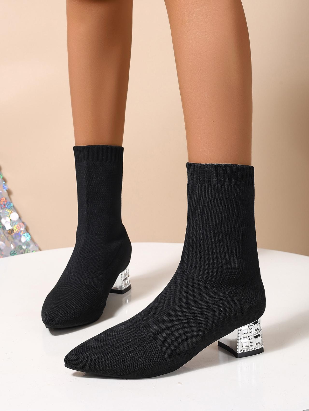 

Fashion 2025Autumn/Winter New Low Tube Soft Face Fashion Boots Water Diamond Thick Heel Flying Weaving Square Head Short Boots 35 чёрный