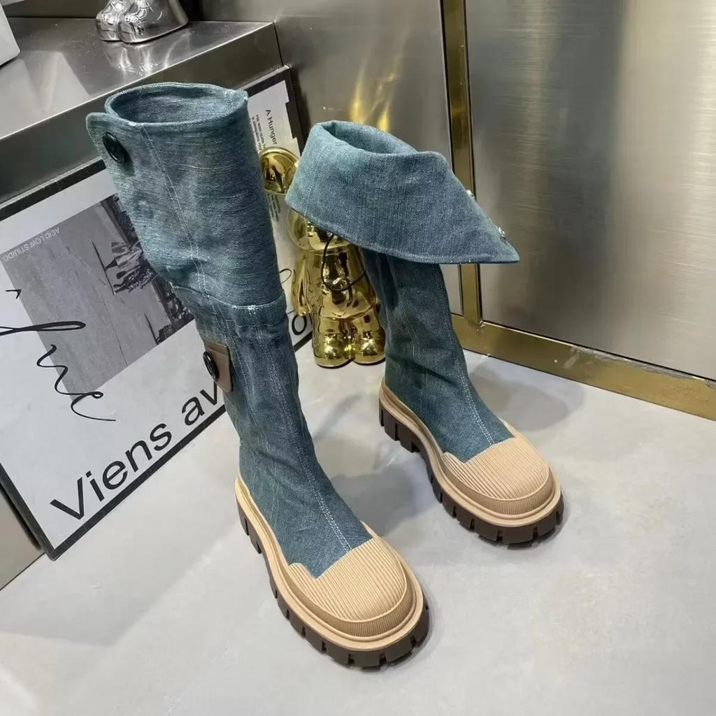 Women Flats Platform Denim Chelsea Boots Winter Shoes Designer New Knee High Motorcycle Boots Casual Goth Shoes Snow Botas Mujer