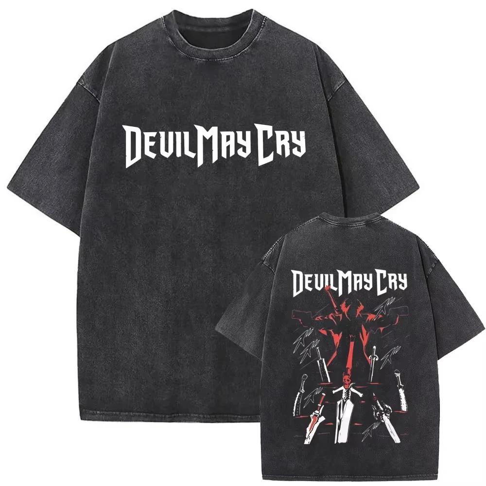 Game Devil May Cry Dante Vintage Acid Washed T-shirt Men Gothic Retro Fashion Short Sleeve T Shirts Male Hip Hop Streetwear