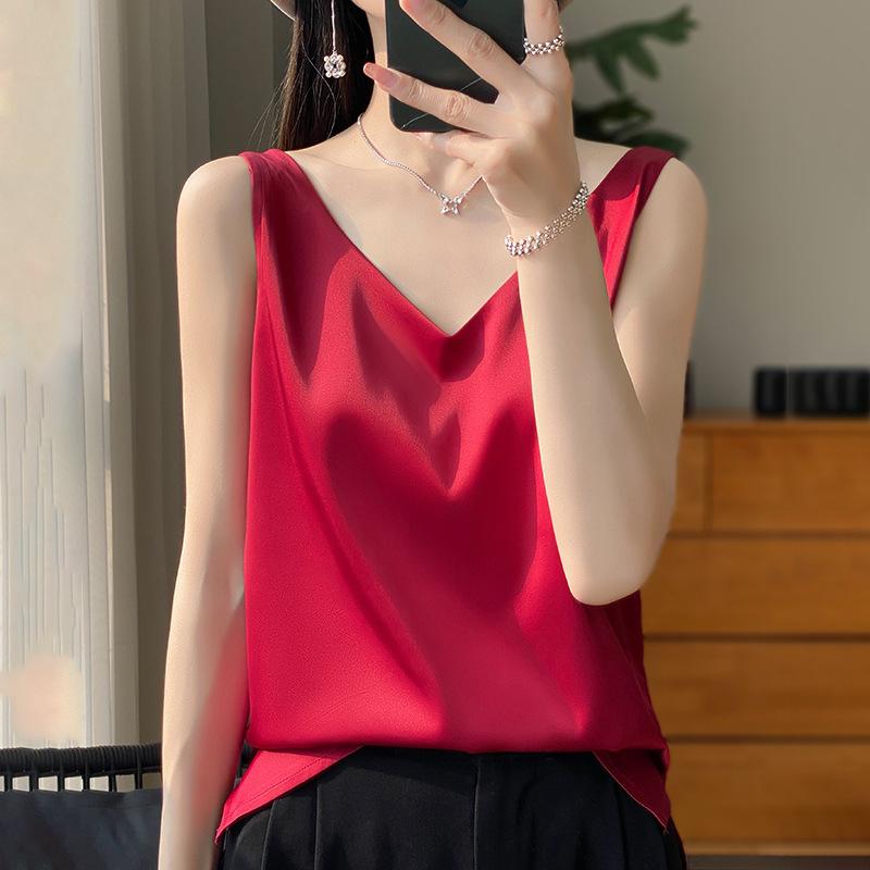 Women's Spring and Summer Solid Color Loose Silk Satin Halter Bottoming Shirt Simple Casual Sleeveless Tops