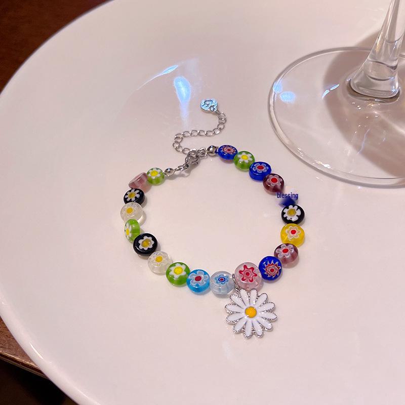 Pulseira de contas de girassol para mulheres - Design de flores de vidro coloridas, frescas e doces, joia de mão inspirada em celebridades.