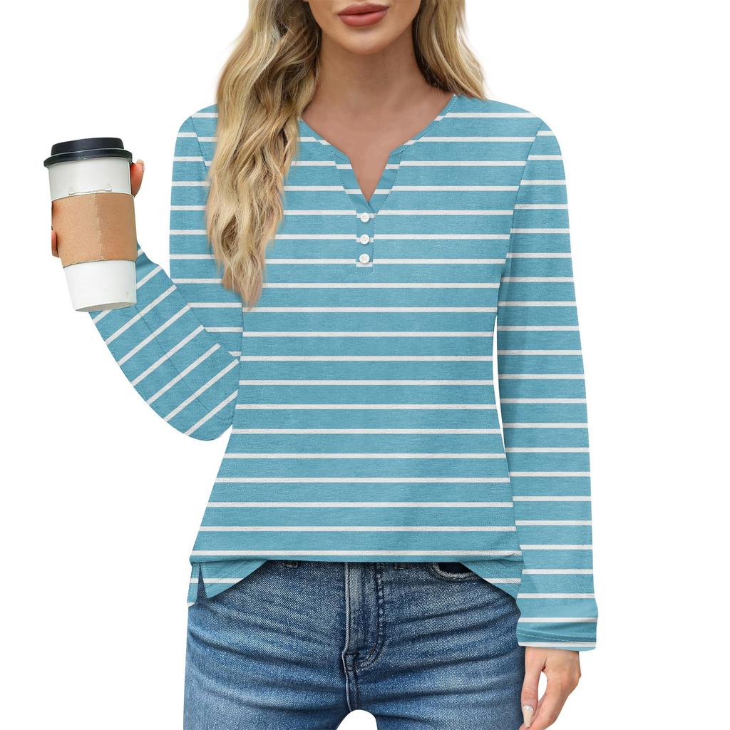 Damen T-Shirt mit Knopfleiste, Blumendruck, langärmelig, für den Alltag, Wochenende, Basic, V-Ausschnitt, normales Oberteil