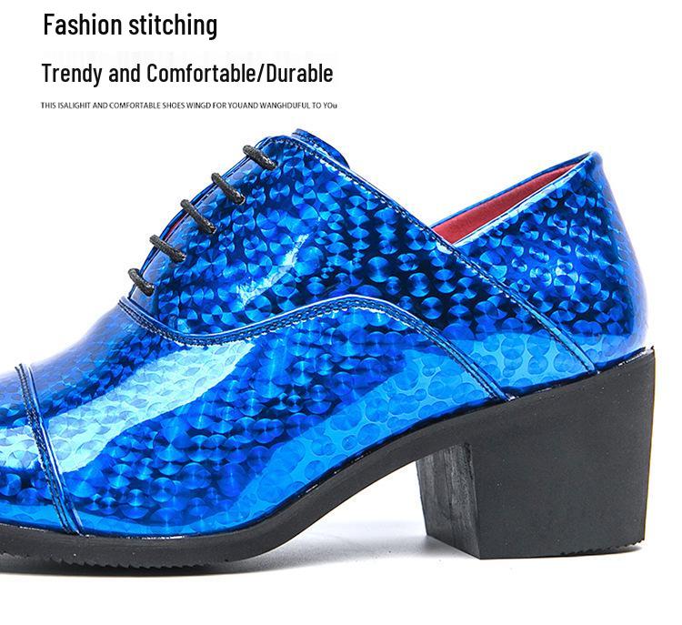 Men's Glossy Leather High Heel Shoes, Large Size, 6cm Height Increase, Trendy Nightclub Style for Spring and Autumn