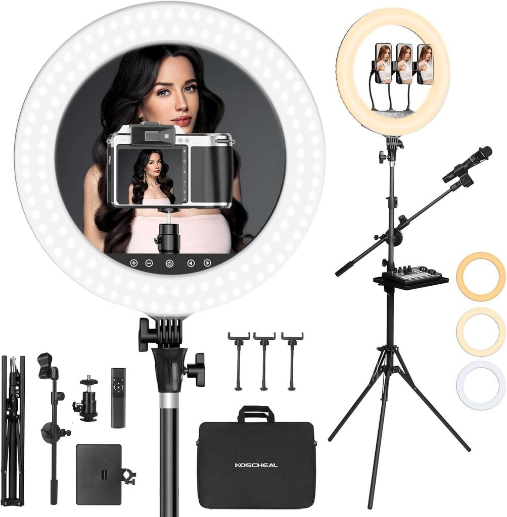 KOSCHEAL LED Ring Actress Light 55W 3 Camera Color Modes Ring Light with Adjustable up to 190cm Light for Photography Lighting Beauty Live Camera