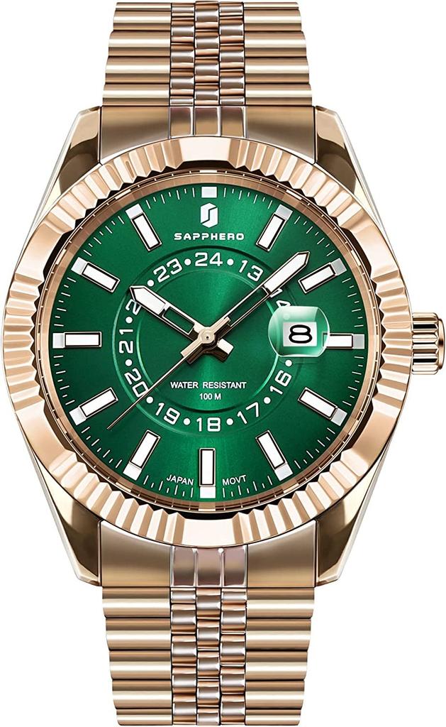 water resistant to 10 Japanese analog date golden gold green Men's watch, ATM, movement, watch, simple, gift, men's, business, display, quartz,