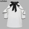 VONDA Women Cold Shoulder Ruffled Sleeve Bow Knot Casual Stitching Blouse