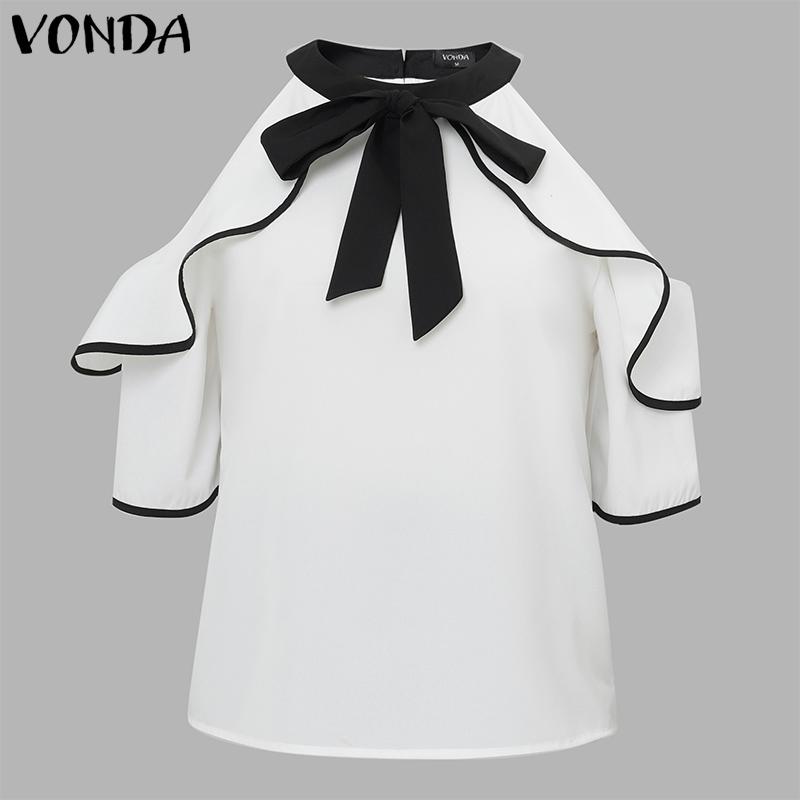 VONDA Women Cold Shoulder Ruffled Sleeve Bow Knot Casual Stitching Blouse