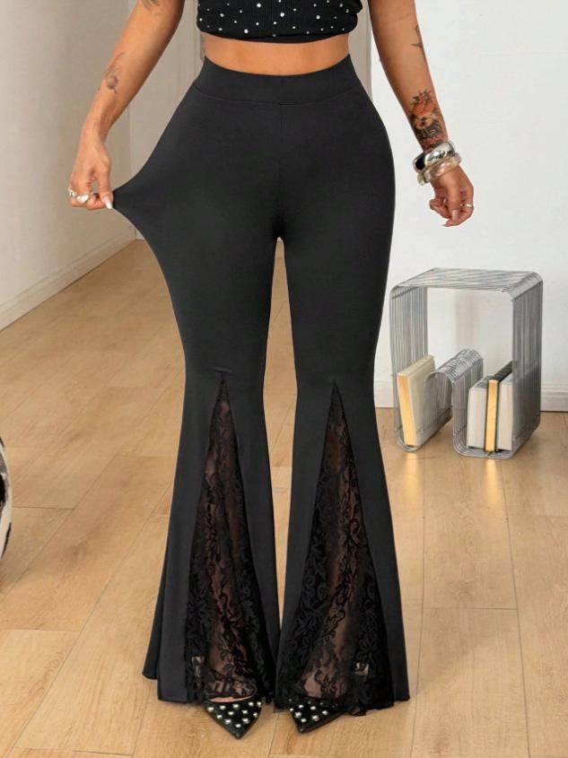 Long Flared Pants With Lace Patchwork, High Waisted Hollow Out, Spicy Girl Style L чёрный