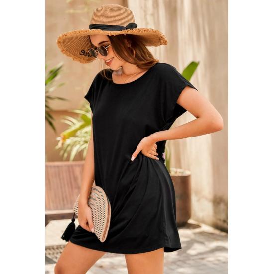 Sundresses Damen-Übergröße-Kleid mit Rundhalsausschnitt, schwarz, Schmetterlingsrücken, bedruckt