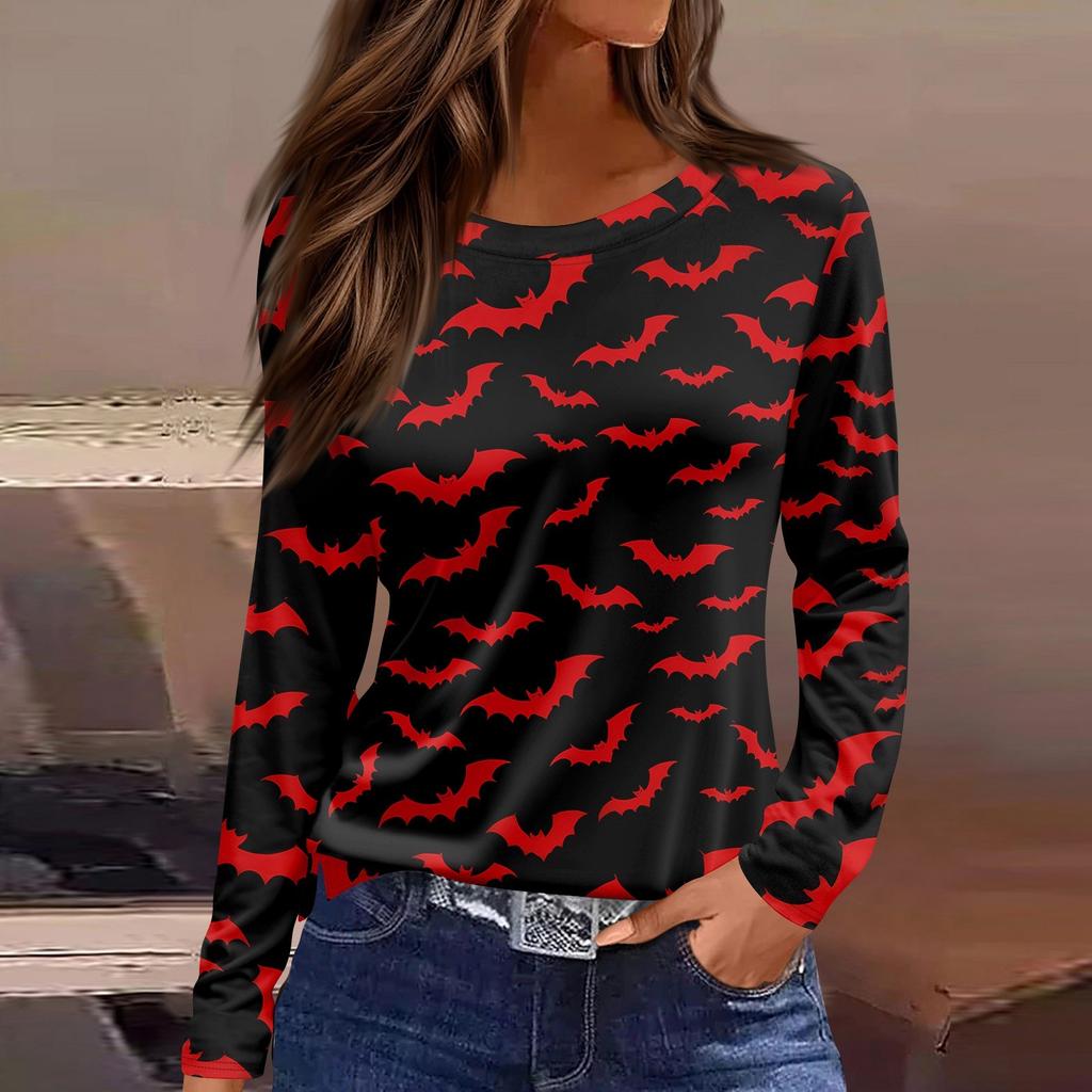 Women's Fashion Casual Slit Hem Round Neck Long Sleeve Loose Halloween Printed T-Shirt Ladies Top