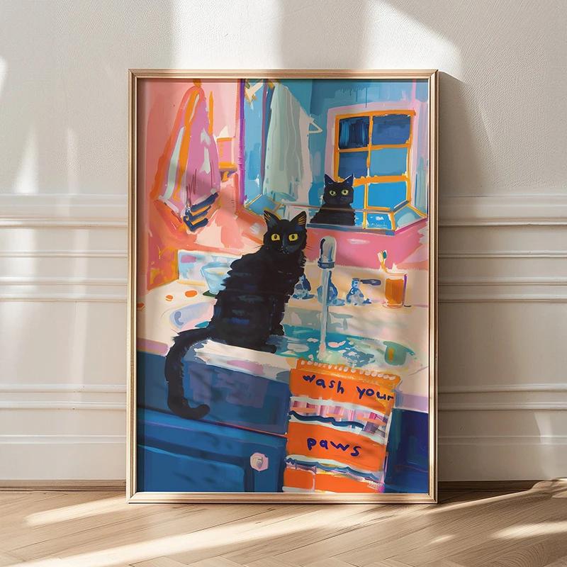 Poster Decorazione Bagno Massimalista Pittura su Tela Gatto Trendy Stampa Dopamina Estetica Kitsch Quadri per Decorazione Casa